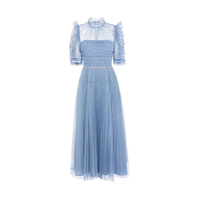 (Women) Self-Portrait Blue Polka Dot Pleated Mesh Long Dress - Elegant and Slimming Design SWF321Y01100