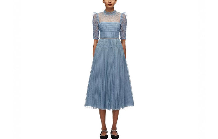 (Women) Self-Portrait Blue Polka Dot Pleated Mesh Long Dress - Elegant and Slimming Design SWF321Y01100 圖 2