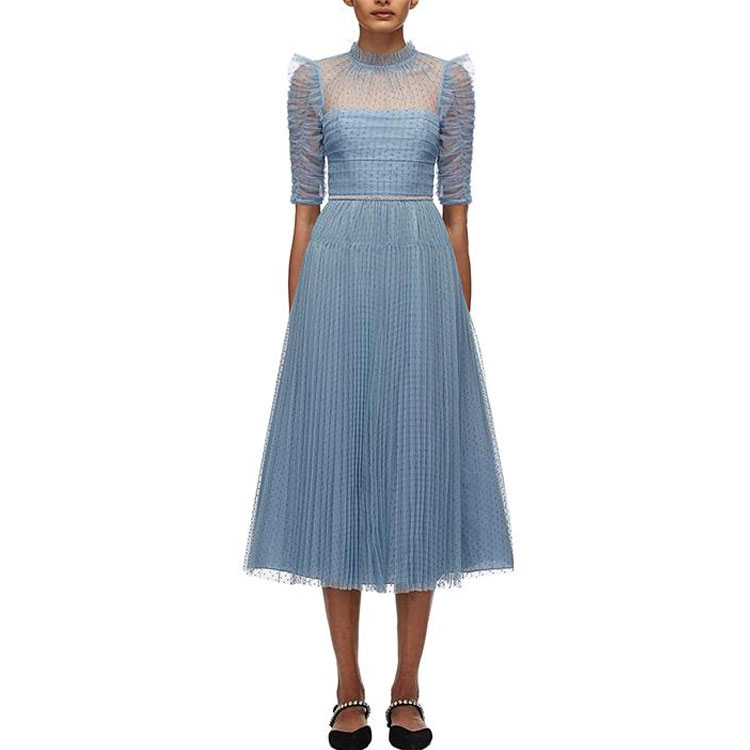 (Women) Self-Portrait Blue Polka Dot Pleated Mesh Long Dress - Elegant and Slimming Design SWF321Y01100 圖 5