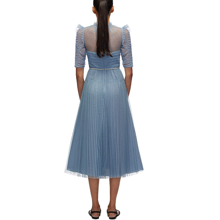 (Women) Self-Portrait Blue Polka Dot Pleated Mesh Long Dress - Elegant and Slimming Design SWF321Y01100 圖 6