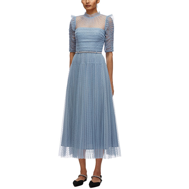 (Women) Self-Portrait Blue Polka Dot Pleated Mesh Long Dress - Elegant and Slimming Design SWF321Y01100 圖 7