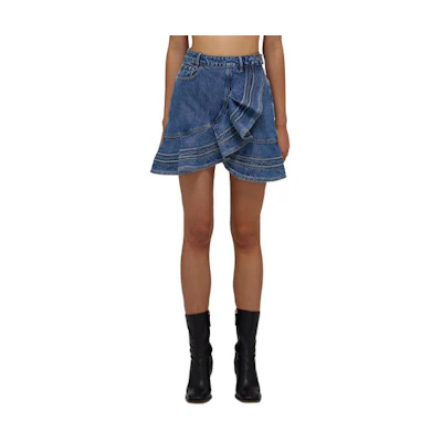 (Women) Self-Portrait Blue Ruffled Asymmetrical Denim Mini Skirt for Women. SWF332Q01600