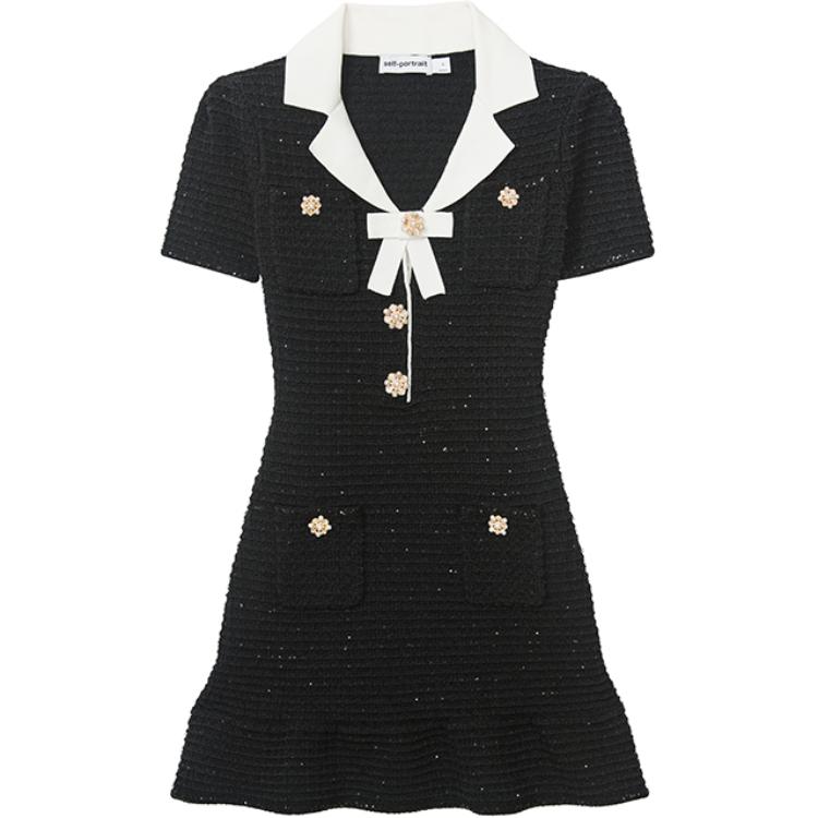 (Women) Self-Portrait Bow Button Knit Short Sleeve Dress  Classic Black SWF351M00100