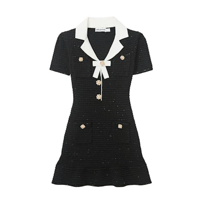 (Women) Self-Portrait Bow Button Knit Short Sleeve Dress Classic Black SWF351M00100
