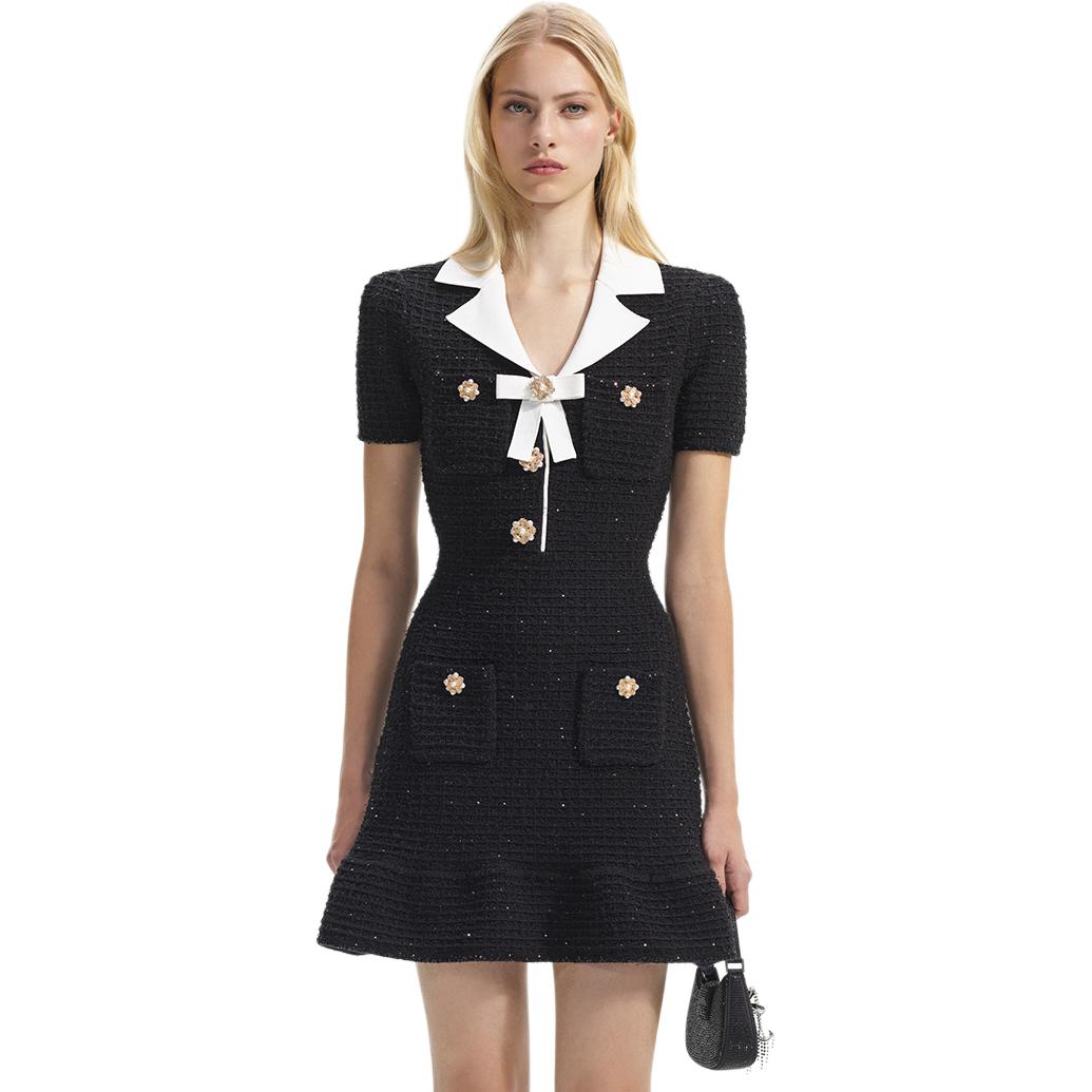 (Women) Self-Portrait Bow Button Knit Short Sleeve Dress  Classic Black SWF351M00100 圖 3