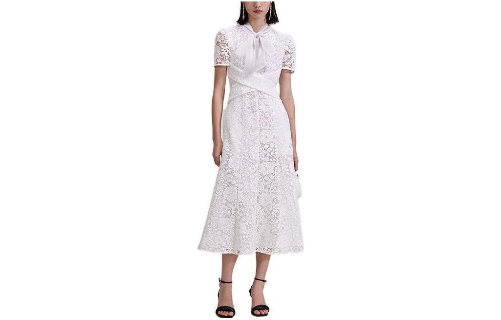 (Women) Self-Portrait Bow Lace Slim Evening Gown Elegant Princess Long Short-Sleeve Dress. SWF343Y04500