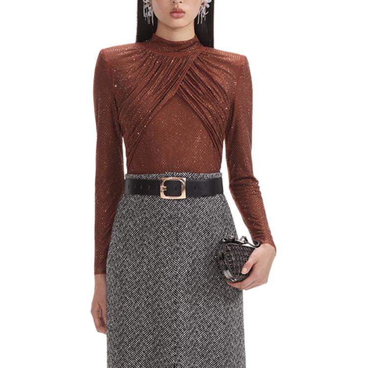 (Women) Self-Portrait Brown Rhinestone Mesh Long Sleeve Slim Fit  T-Shirt. SWF354C01800