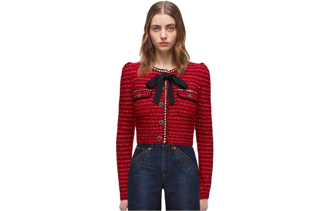 (Women) Self-Portrait Burgundy Bow Long Sleeve Tweed Cropped Cardigan Jacket for Women SWF325M15700