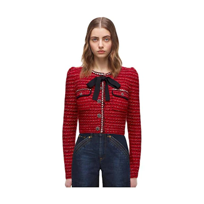 (Women) Self-Portrait Burgundy Bow Long Sleeve Tweed Cropped Cardigan Jacket for Women SWF325M15700