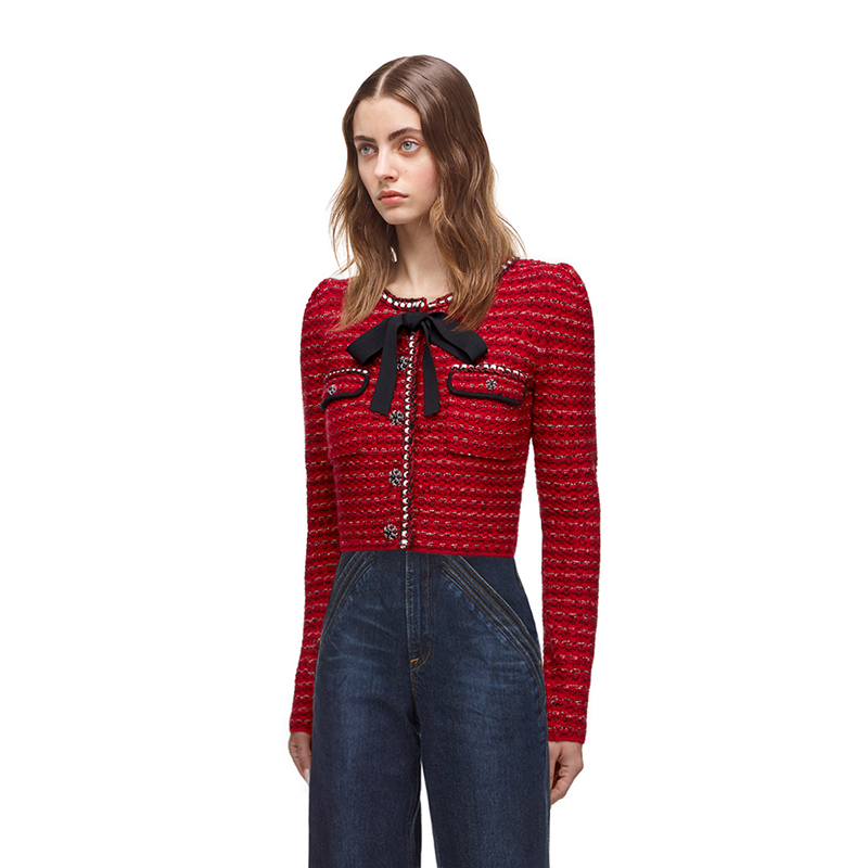 Lookbook (W) Self-Portrait 酒紅色蝴蝶結長袖粗花呢短款開襟外套女裝 SWF325M15700