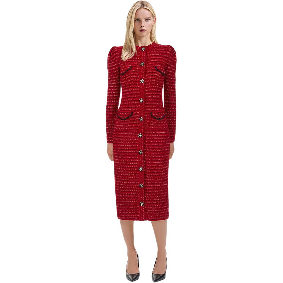 (Women) Self-Portrait Burgundy Elegant Knit Vintage Slim-Fit Long Sleeve Party Dress. SWF336M11700