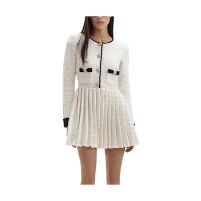 (Women) Self-Portrait Check Knit Rhinestone Button Long Sleeve Dress Women Ivory White SWF351M08900