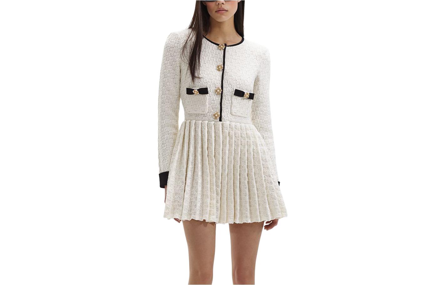 (Women) Self-Portrait Check Knit Rhinestone Button Long Sleeve Dress Women Ivory White SWF351M08900 圖 2