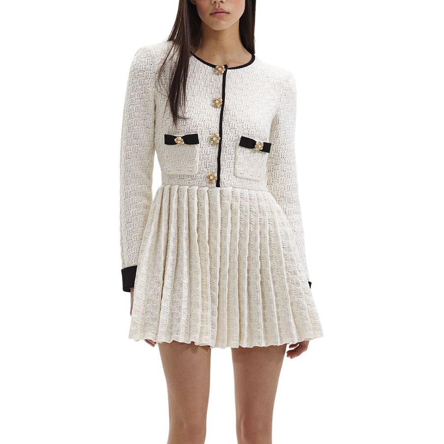 (Women) Self-Portrait Check Knit Rhinestone Button Long Sleeve Dress Women Ivory White SWF351M08900 圖 3