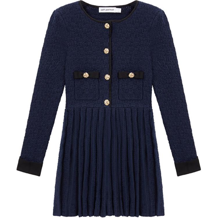 (Women) Self-Portrait Checkered Knit Pleated Long Sleeve Dress Navy Blue - SWF351M03000