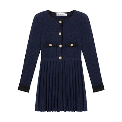 (Women) Self-Portrait Checkered Knit Pleated Long Sleeve Dress Navy Blue - SWF351M03000
