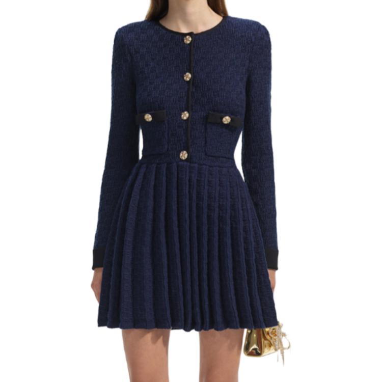 (Women) Self-Portrait Checkered Knit Pleated Long Sleeve Dress Navy Blue - SWF351M03000 圖 3