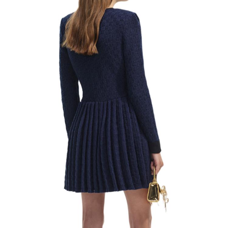 (Women) Self-Portrait Checkered Knit Pleated Long Sleeve Dress Navy Blue - SWF351M03000 圖 4
