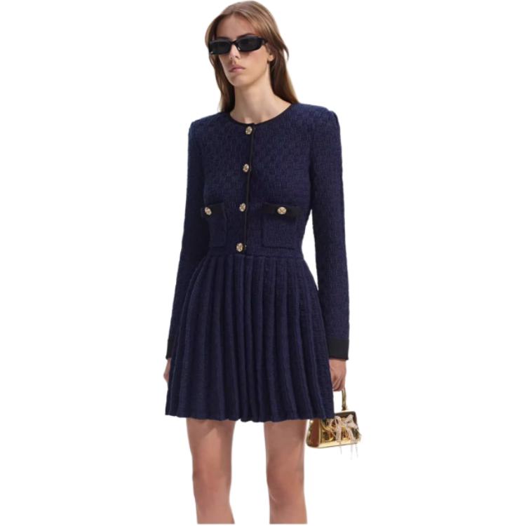 (Women) Self-Portrait Checkered Knit Pleated Long Sleeve Dress Navy Blue - SWF351M03000 圖 5