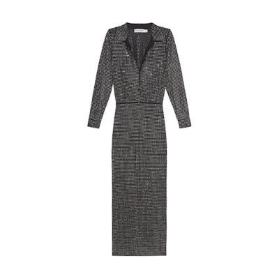 (Women) Self-Portrait Classic Black Fitted Long Sleeve Polo-Collar Maxi Dress Women. SWF343Y03700