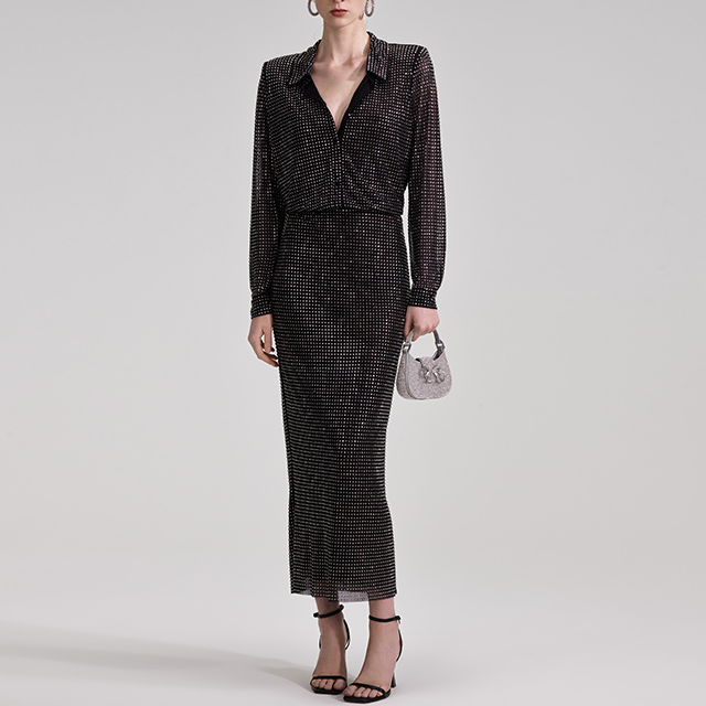 (Women) Self-Portrait Classic Black Fitted Long Sleeve Polo-Collar Maxi Dress Women. SWF343Y03700 圖 5