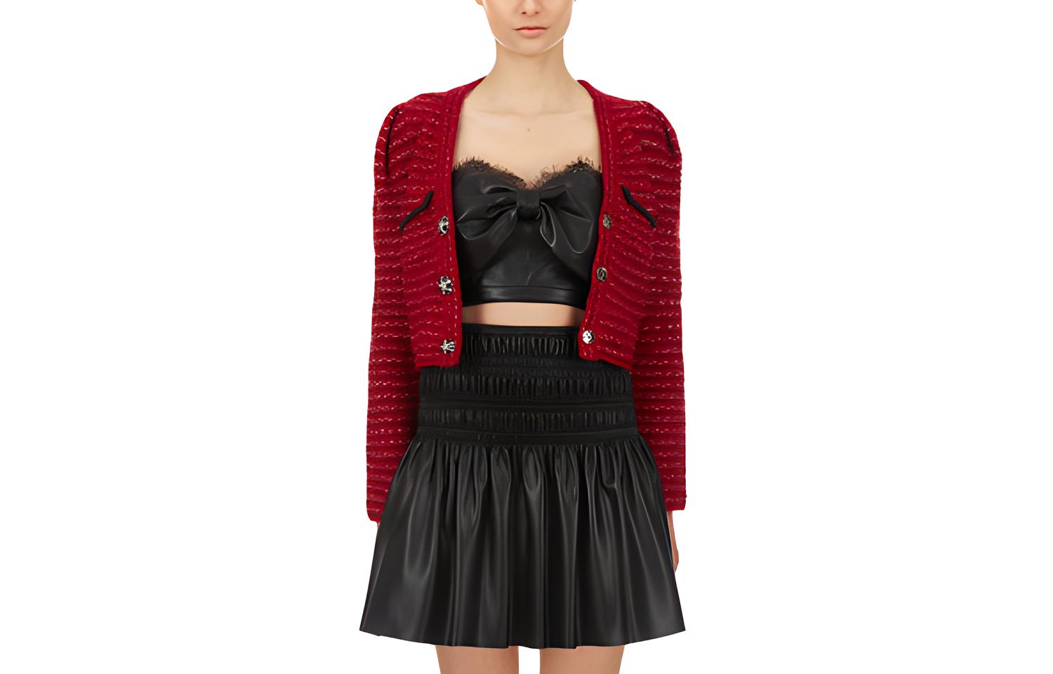 (Women) Self-Portrait Classic Knit V-Neck Cropped Long Sleeve Sweater Women Red. SWF336M11800