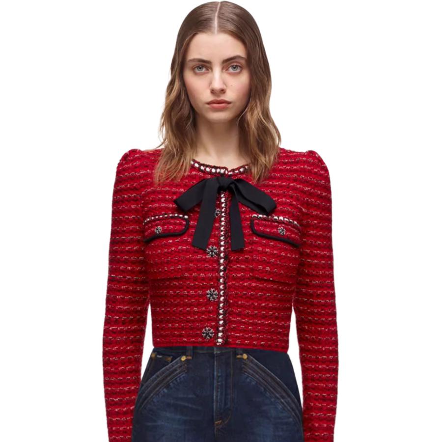 Lookbook (W) Self-Portrait 經典V領緊身針織長袖短版毛衣 女款 紅色 SWF336M11800