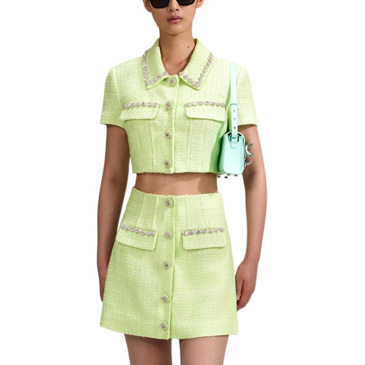 (Women) Self-Portrait Crystal-Embellished Cropped Polo Jacket Women’s Light Green. SWF342C02400