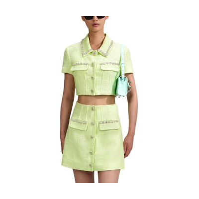 (Women) Self-Portrait Crystal-Embellished Cropped Polo Jacket Women’s Light Green. SWF342C02400