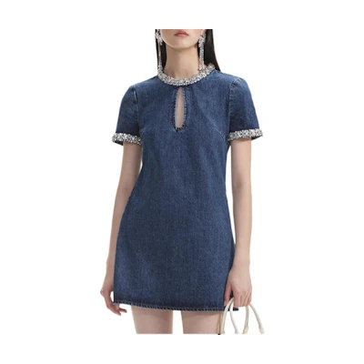 (Women) Self-Portrait Denim Blue Short Sleeve Mini Dress Women SWF354Y15500