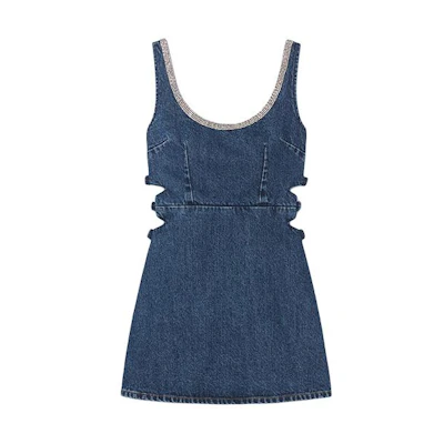 (Women) Self-Portrait Denim Blue Sleeveless U-Neck Waist Snatched Mini Dress for Women SWF351Y05800