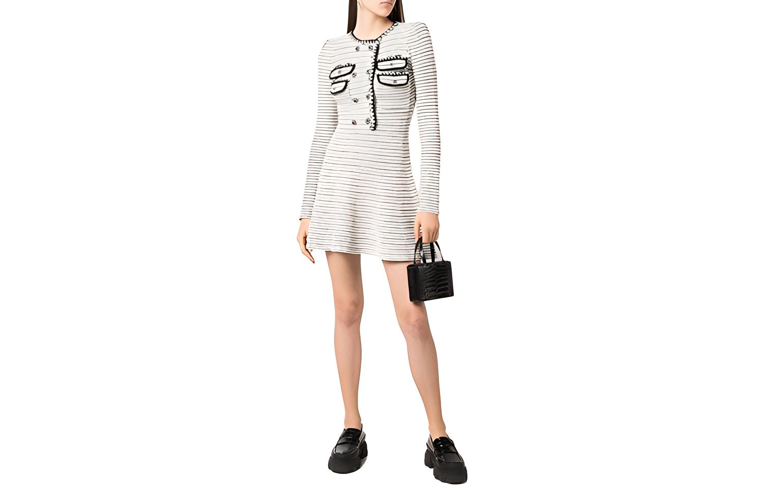 (Women) Self-Portrait Double-Breasted Knit A-Line Long Sleeve Dress Women AW21105WHITE