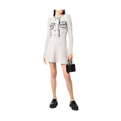 (Women) Self-Portrait Double-Breasted Knit A-Line Long Sleeve Dress Women AW21105WHITE