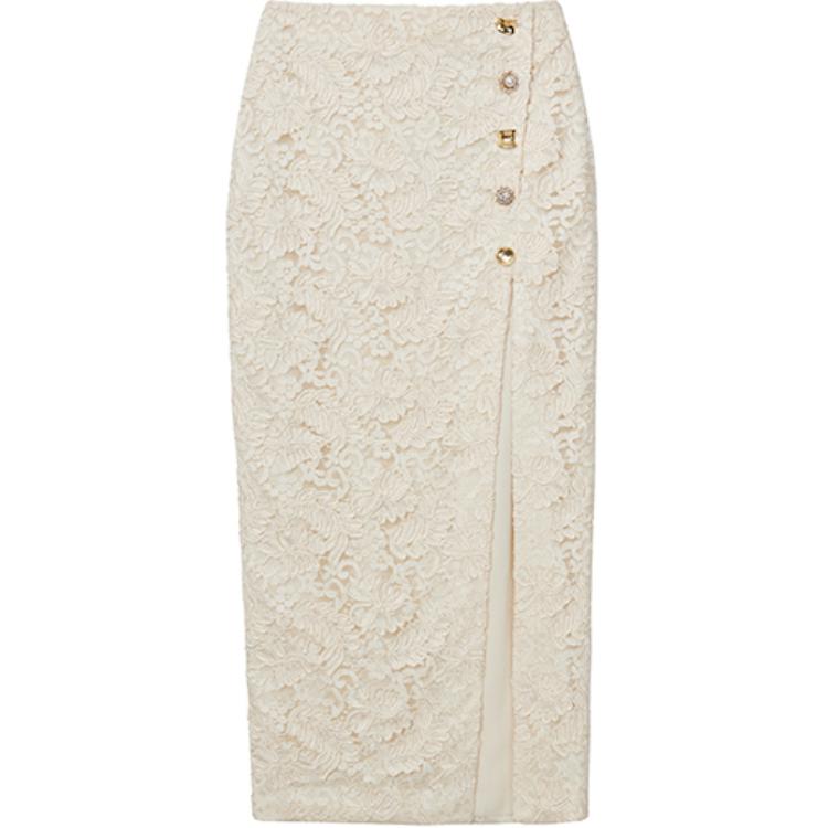 (Women) Self-Portrait Elegant Lace Pattern Ivory White Midi Dress with Slit for Women SWF351Q01800
