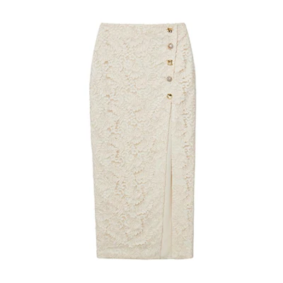 (Women) Self-Portrait Elegant Lace Pattern Ivory White Midi Dress with Slit for Women SWF351Q01800
