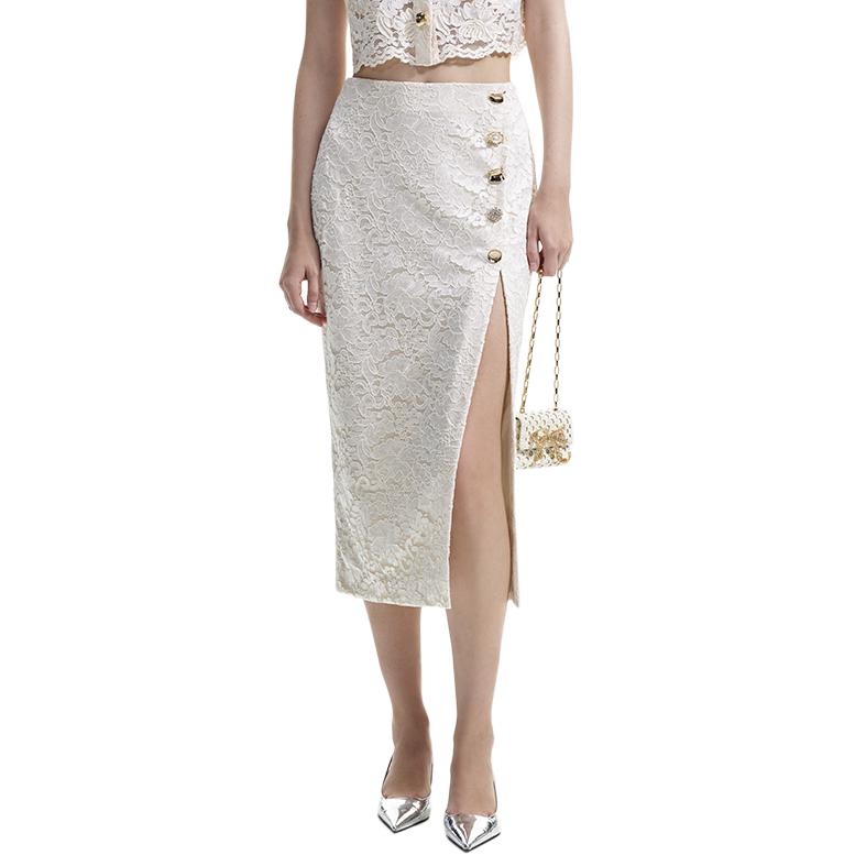 (Women) Self-Portrait Elegant Lace Pattern Ivory White Midi Dress with Slit for Women SWF351Q01800 圖 4