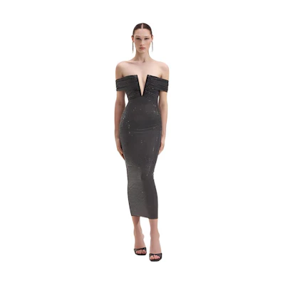 (Women) Self-Portrait Elegant Off-Shoulder Midi Dress in Classic Black for Women. SWF352Y16400