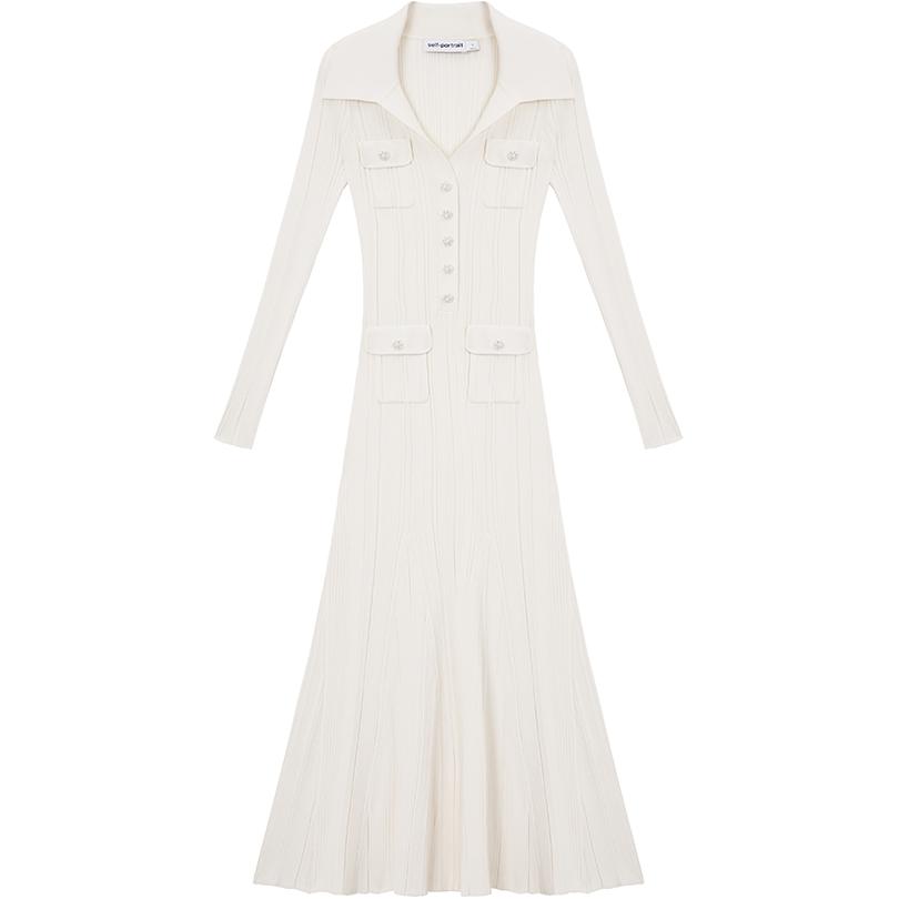 (Women) Self-Portrait Elegant Ribbed Knit V-Neck Midi Dress  Ivory White SWF351M03600