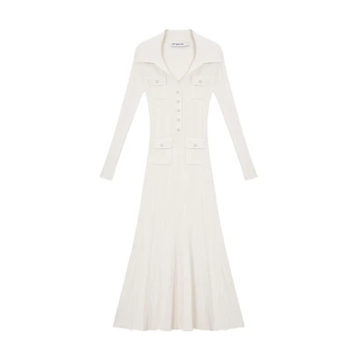 (Women) Self-Portrait Elegant Ribbed Knit V-Neck Midi Dress Ivory White SWF351M03600