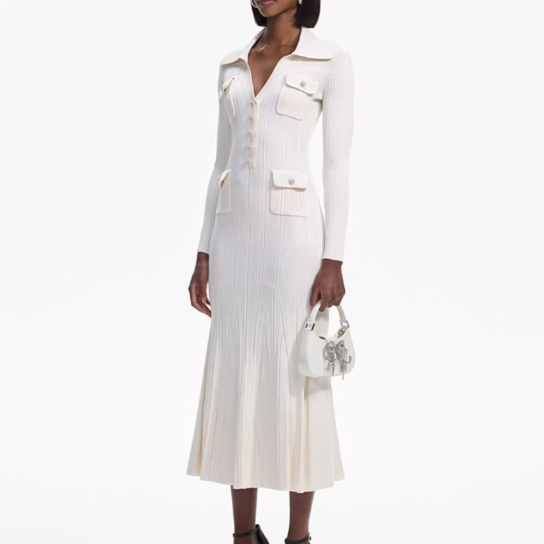 (Women) Self-Portrait Elegant Ribbed Knit V-Neck Midi Dress  Ivory White SWF351M03600 圖 5