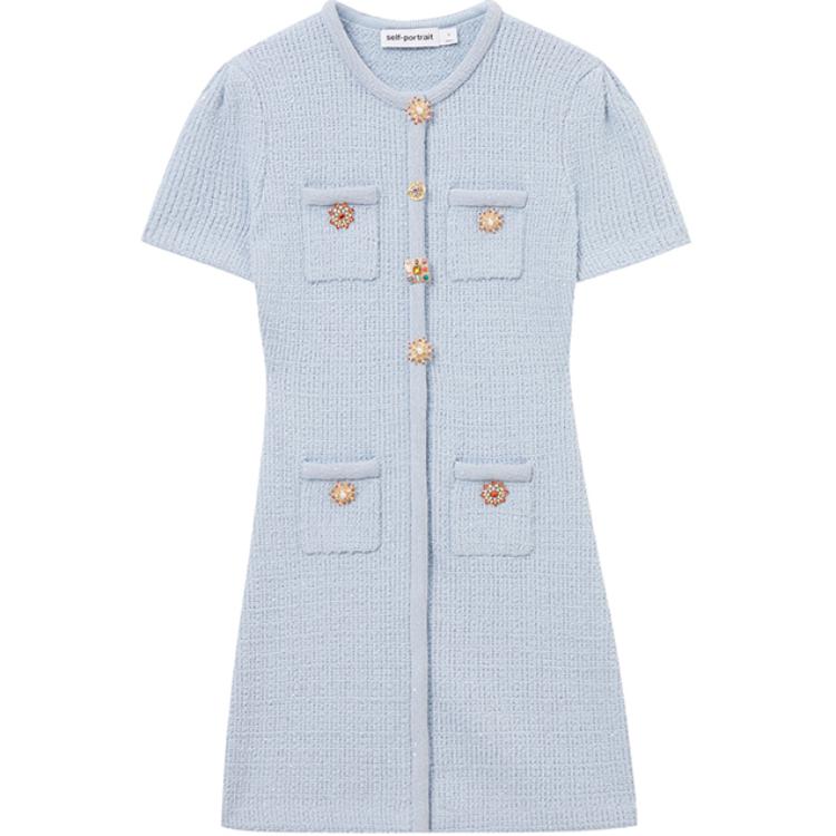 (Women) Self-Portrait Elegant Short-Sleeve Dress for Women - Misty Blue Chanel-Style SWF353M02500