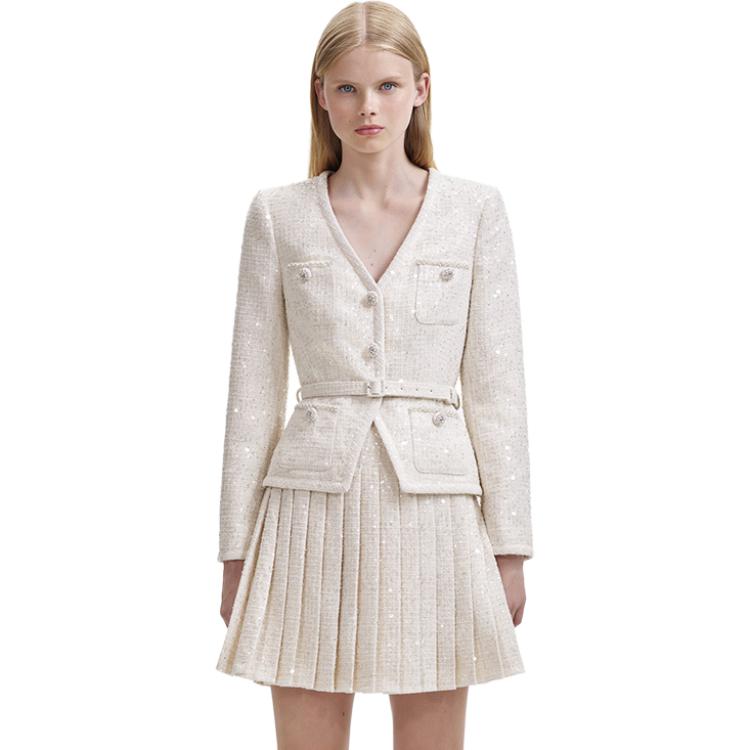 (Women) Self-Portrait Elegant V-Neck Long Sleeve Top & Pleated Skirt Set - Ivory White Women SWF344Y22300