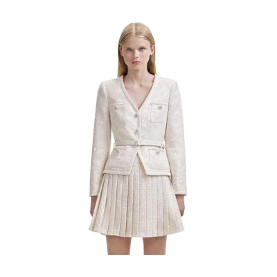 (Women) Self-Portrait Elegant V-Neck Long Sleeve Top & Pleated Skirt Set - Ivory White Women SWF344Y22300