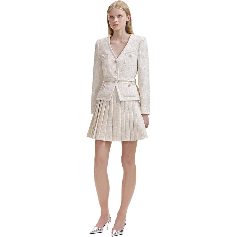 (Women) Self-Portrait Elegant V-Neck Long Sleeve Top & Pleated Skirt Set - Ivory White Women SWF344Y22300 圖 3