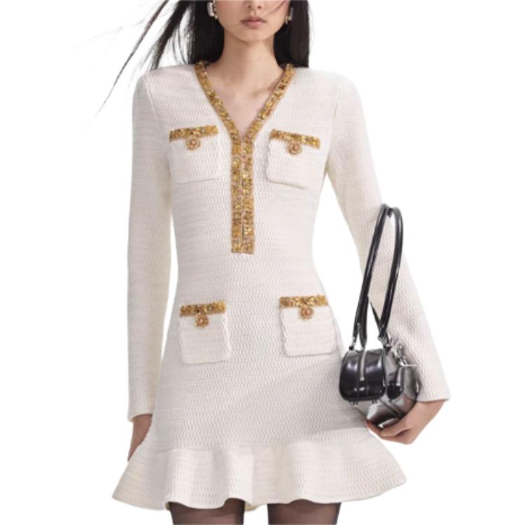 (Women) Self-Portrait Elegant V-Neck Slim Fit Ruffle Long Sleeve Dress - Ivory White SWF361M03900 圖 2