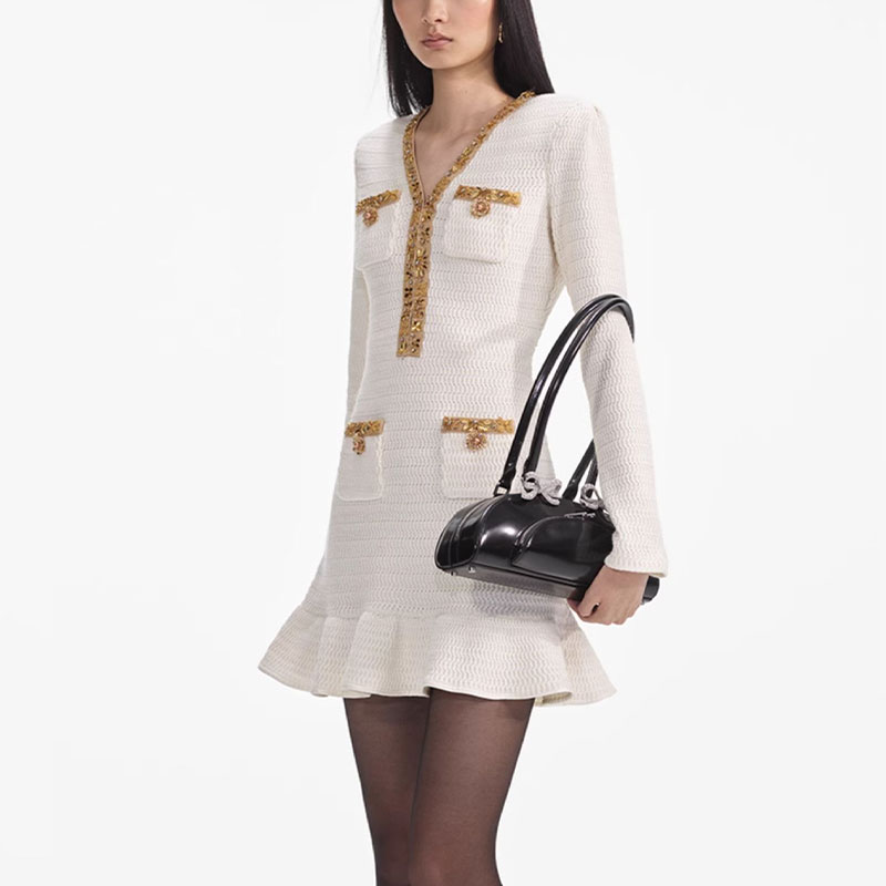 (Women) Self-Portrait Elegant V-Neck Slim Fit Ruffle Long Sleeve Dress - Ivory White SWF361M03900 圖 3