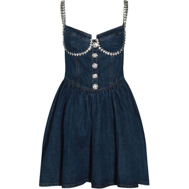 (Women) Self-Portrait Embroidered Rhinestone Heart Neck Mini Dress Blue - . PF24828SBLBLUE
