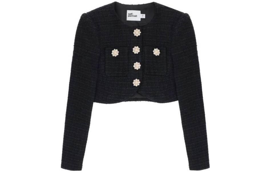 (Women) self-portrait Fitted Cropped Long Sleeve Jacket Black RS24-041JB