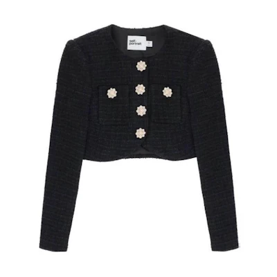 (Women) self-portrait Fitted Cropped Long Sleeve Jacket Black RS24-041JB