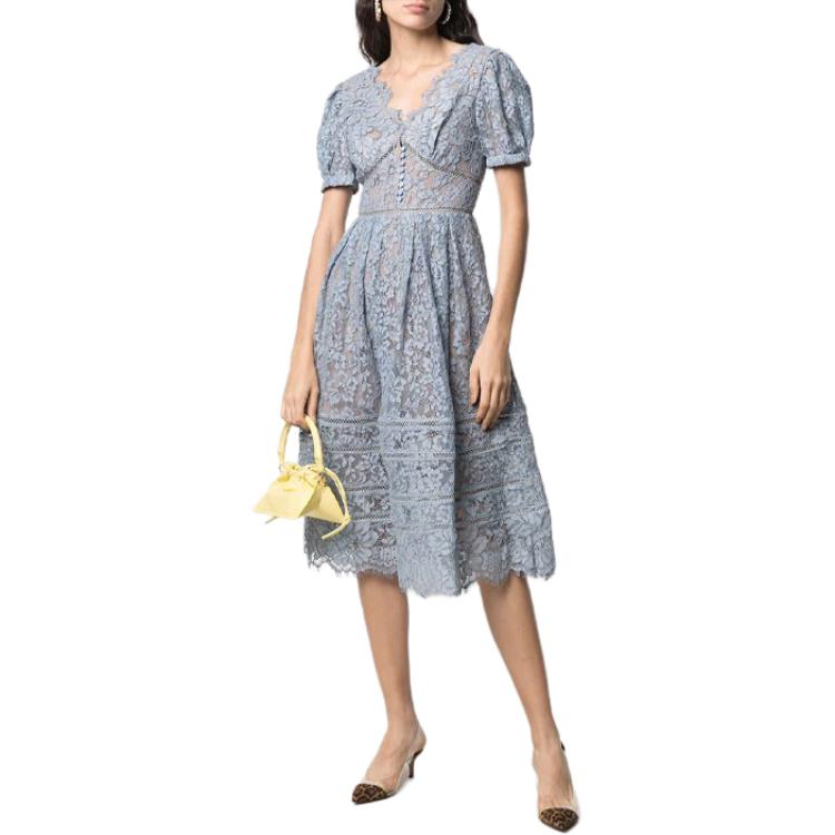 (Women) Self-Portrait Floral Lace Midi Dress - Blue, Puff Sleeve Elegant Vacation Style. SWF321Y00500